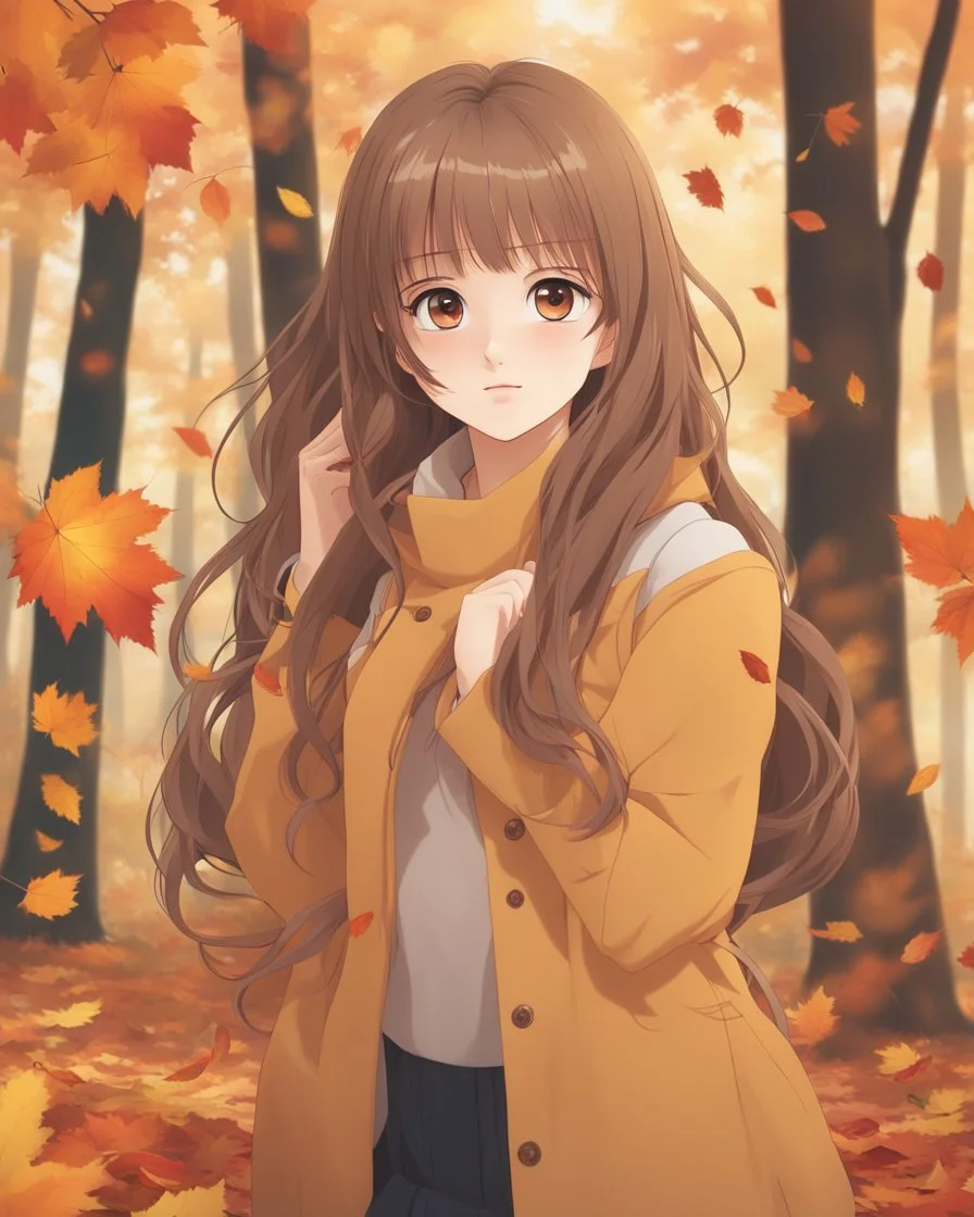 A young girl with long hair and autumn clothes in the autumn forest, beautiful portrait anime