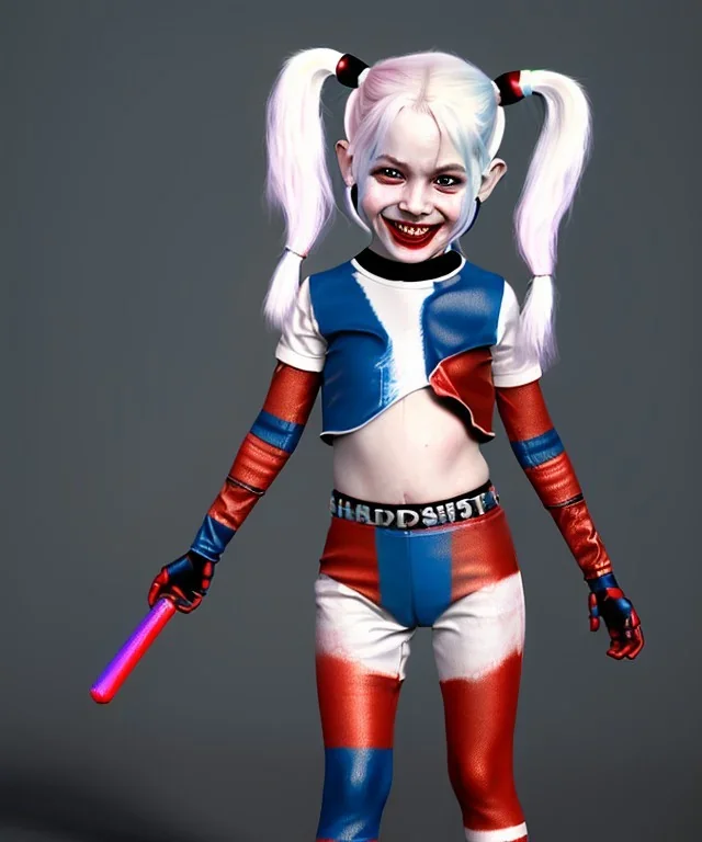 Harley quinn toddler, full body, soft skin, dramatic lighting, hyper realistic