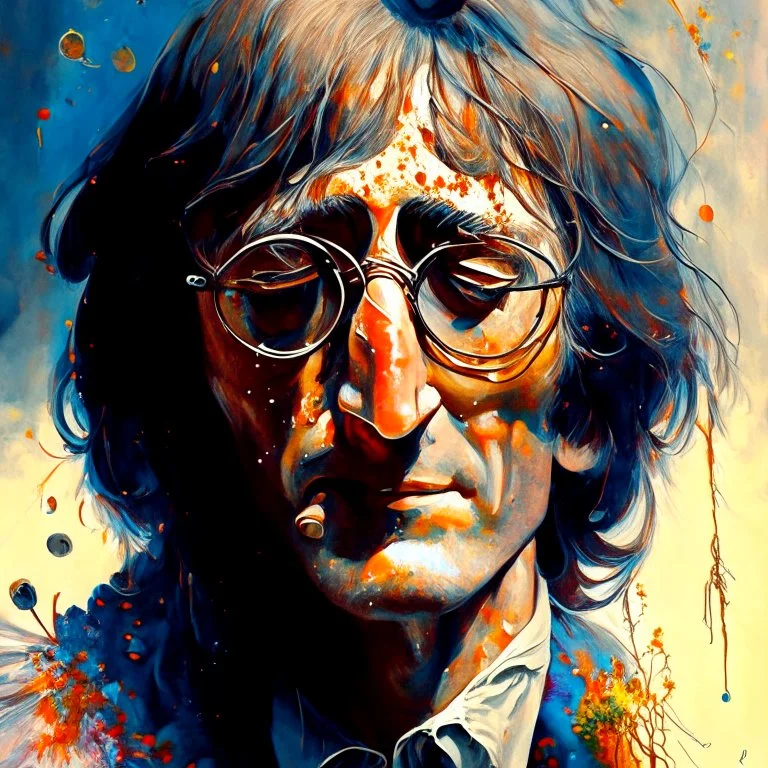 John lennon 3/4 portrait by Karol Bak and Vincent van Gogh and Ralph Steadman, paint drops, rough edges, trending on artstation, sharp focus, studio photo, intricate details, highly detailed, by greg rutkowski