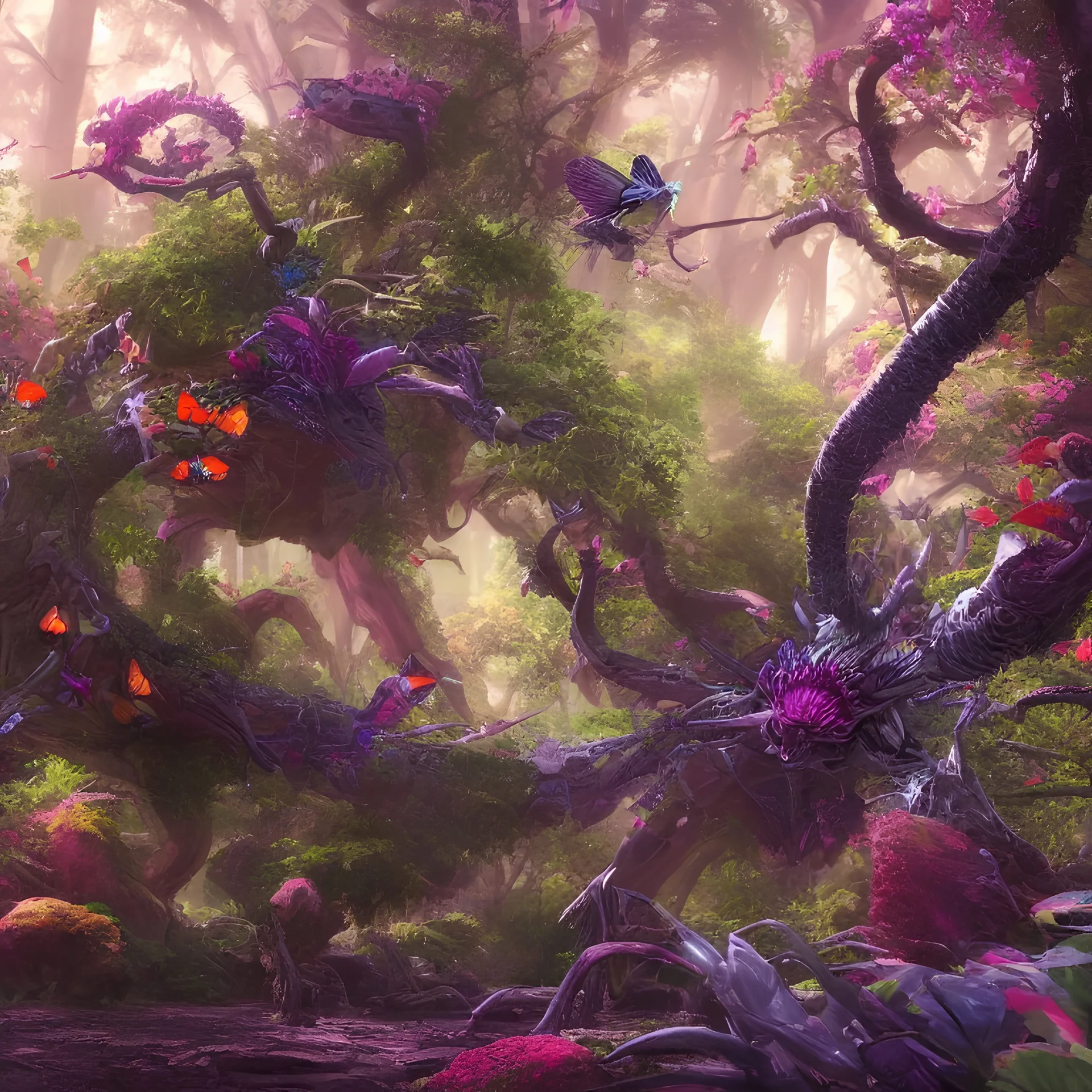Powerful forest, giant insect, social and colective tree, synergy in life, Colective creatures, wonderful flying organisms, beauty as flower, colorful and detailed creatures, multiple species, detailed painting, splash screen, multiple complementary colors, fantasy art, fantastical and realistic landscape, intricate detail, 8k resolution trending on Artstation Unreal Engine 5