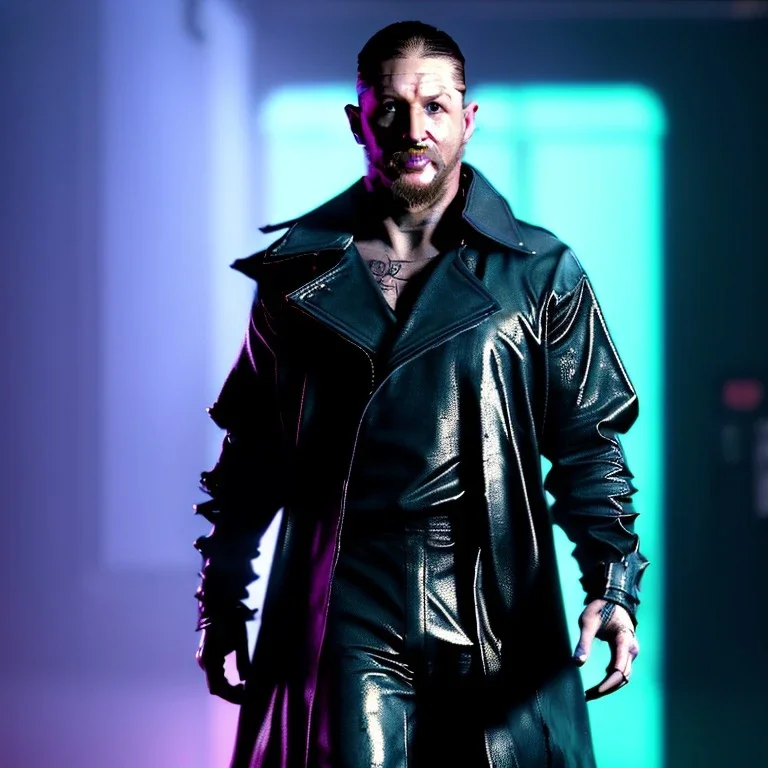 Actor, tom hardy, blade runner style, rain, fog, neon ambient, gradient color, clean skin, circuits, latex coat, cyber punk, neon, tubes, portrait, studio photo, unreal engine 5, smooth color, 16 bit, god lights, ray tracing, RTX, lumen lighting, ultra deatail, volumetric lighting, 3d, finely drawn, hd.