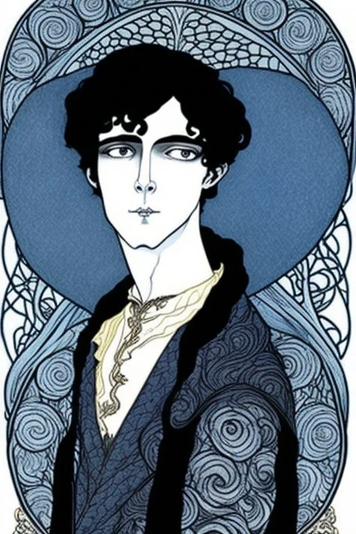 young black haired blue eyed wizard in the style of aubrey beardsley