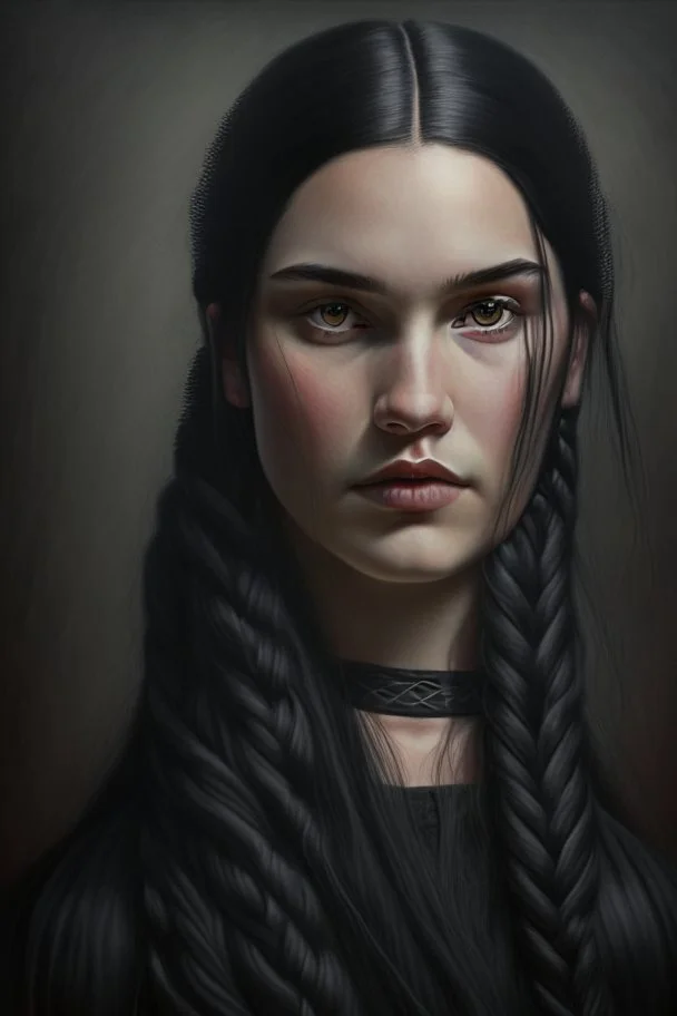 Portrait of a young woman, long black hair in a braid, dark eyes, proud look, extremely beautiful