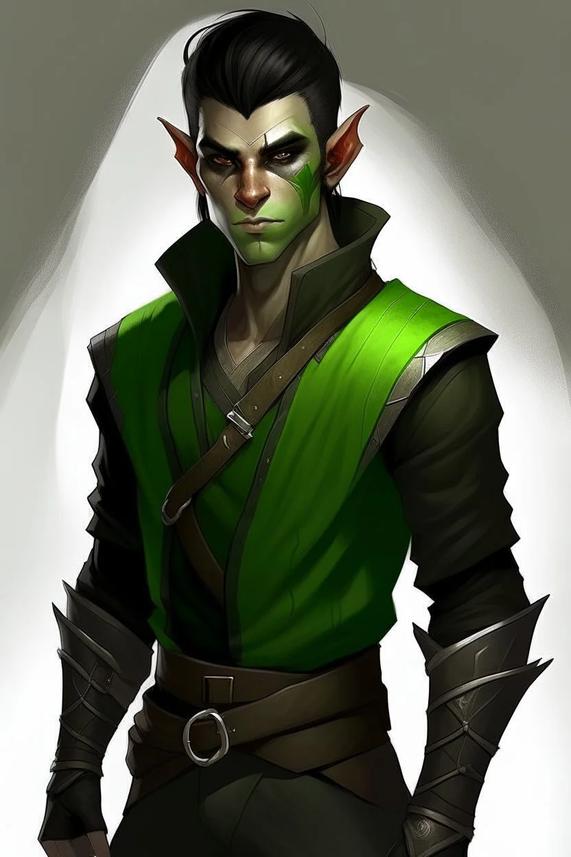 half orc twenty one year old male wearing black and green rogue clothing, mischievous