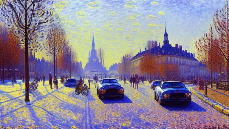 Sunny day, modern city, cars, alfred sisley impressionism painting