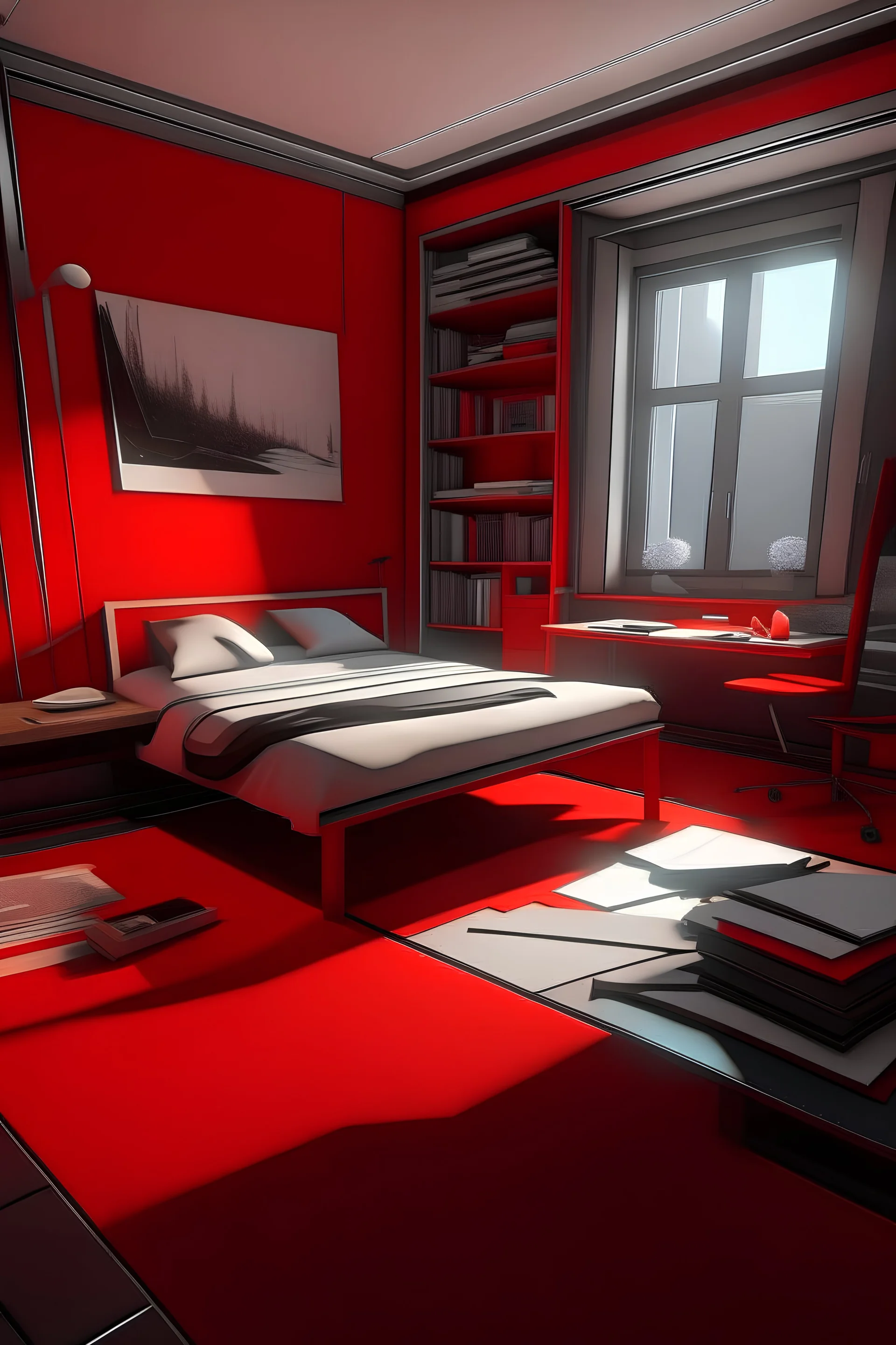 Internal futuristic room, with a desk with a red book upon, and a broken bed