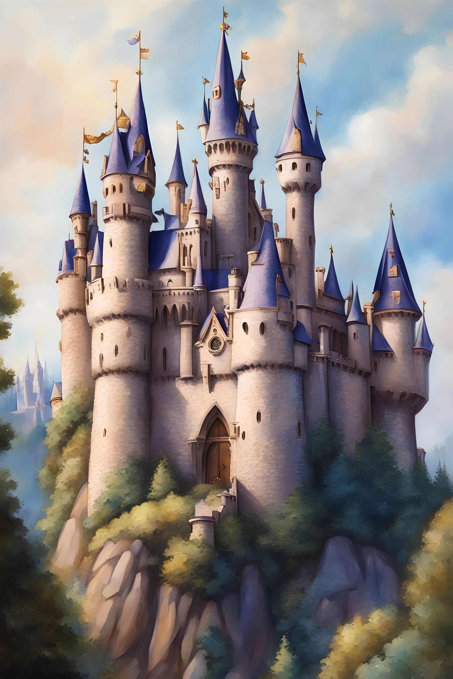 closeup of sleeping beauty castle, near, bigger, fantasy, artwork