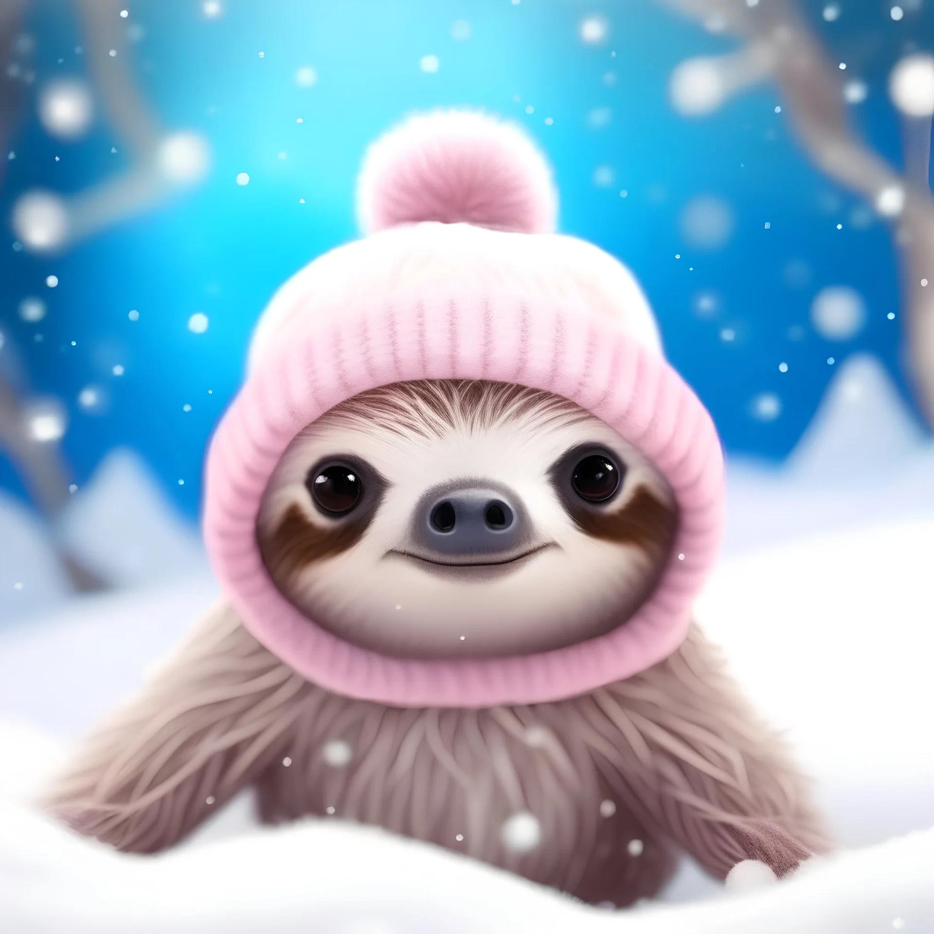 Cute fluffy soft sloth with big starry universe eyes, wearing Christmas hat. Sweet Christmas pastel colours. Sitting in Christmas tree, surrounded by snow. Snowflakes, winter sparkles, dark Christmas night magic all around.