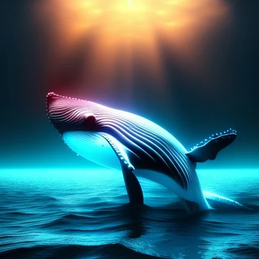 Whale in the sky, high key lighting, volumetric light high details, octane render, redshift render, mbient lighting, sunset