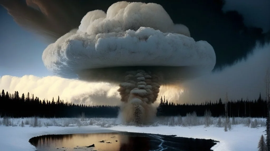 Siberia scenery,taiga forest,winter, fozen river,heavy clouds, consisting of tall trees and dense vegetation, a mushroom-shaped cloud rises into the sky. The cloud is depicted as a massive column of smoke, dust, and debris, ascending vertically and spreading out at the top, forming a distinctive mushroom-like shape, a barren and desolate scene, with charred remnants of trees scattered across the scorched earth, high resolution photo 24K, high quality, ultraHD, cinematic lighting,