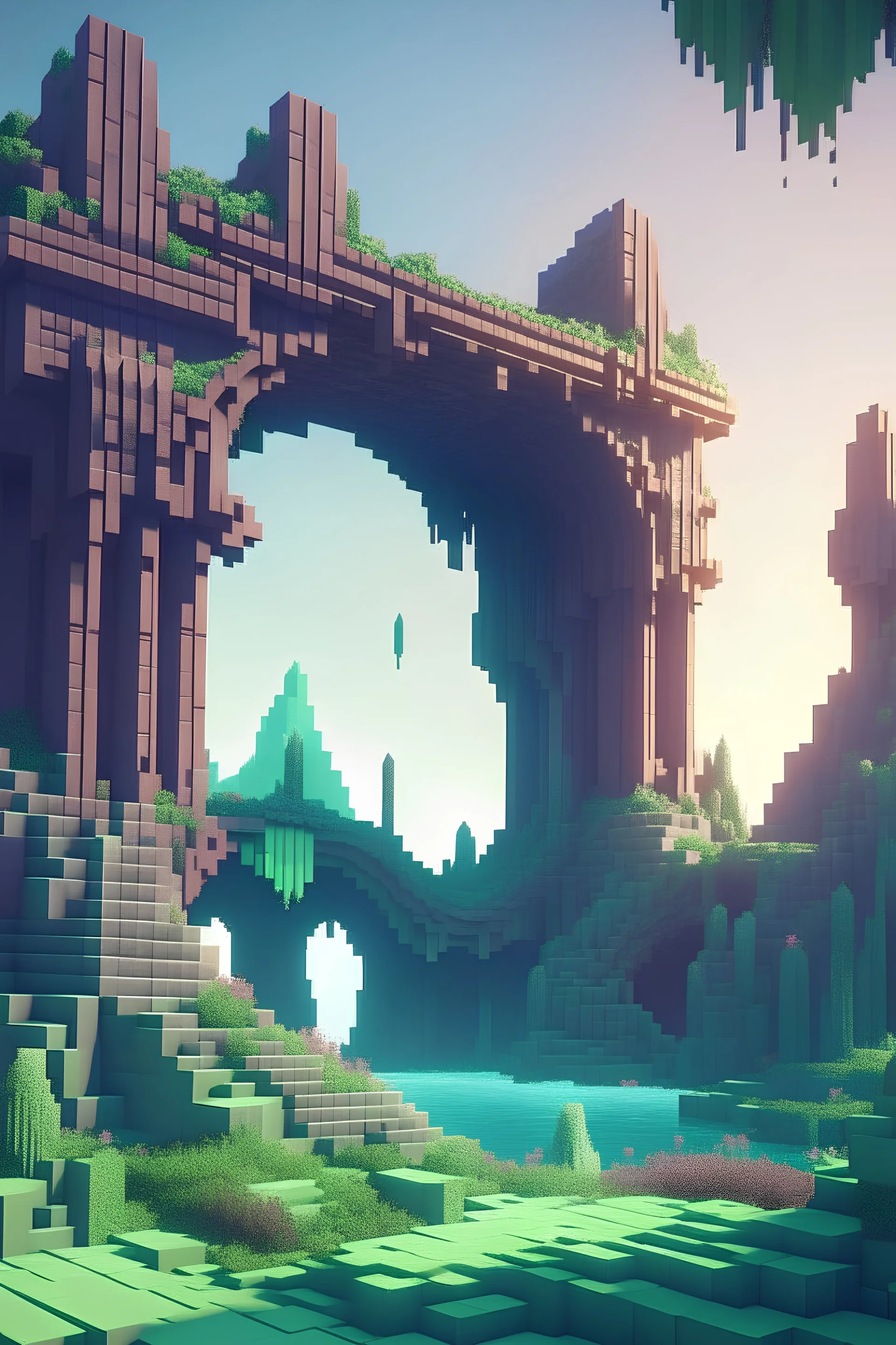 Generate a fantasy landscape with some sort of unique structure and a unique portal in a blocky style