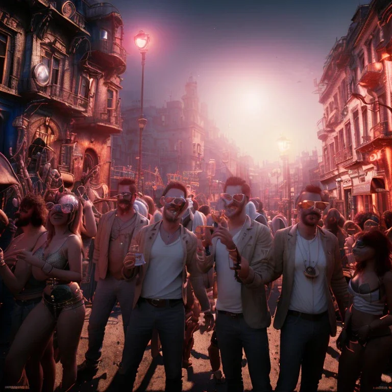 Realistic photo, medium shot view, men, carnival scene, steampunk. Women, hair monster, Drunken, Sunglasses, smoking, happy, hot. Many people background, highly detailed, concept art, unreal engine 5, ray tracing, RTX, lumen lighting, ultra detail, volumetric lighting, 3d, finely drawn, high definition, high resolution.