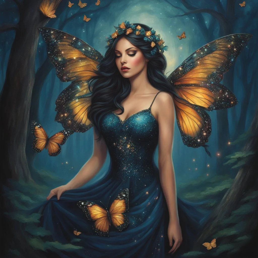 Painting of a beautiful girl, beautiful, fantasy art, dream, trees, forest, dark night, song, glitter butterflies, fantasy