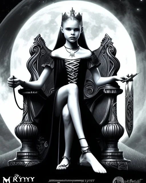 A young vampire girl sitting on a great throne, black and white