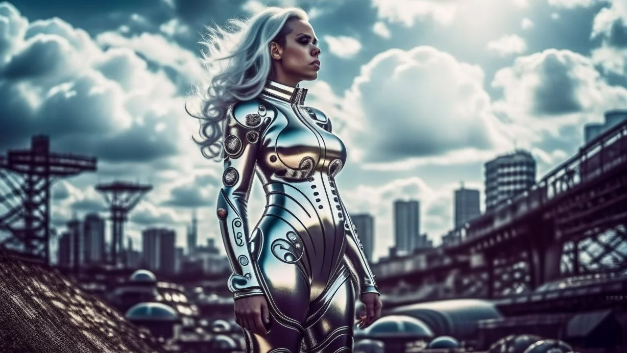 three-quarter view of a woman in a silver robotic catsuit standing in a futuristic derelict city with mushrooms with tentacles floating in the sky