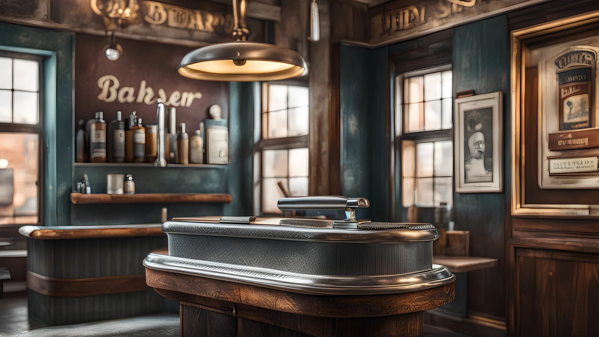 An old-fashioned barber shop with vintage decor, where a well-worn razor sits on a counter. The image conveys a sense of history and nostalgia, with the razor telling stories of countless shaves. digital art, 8K, ultra detailed, High quality,