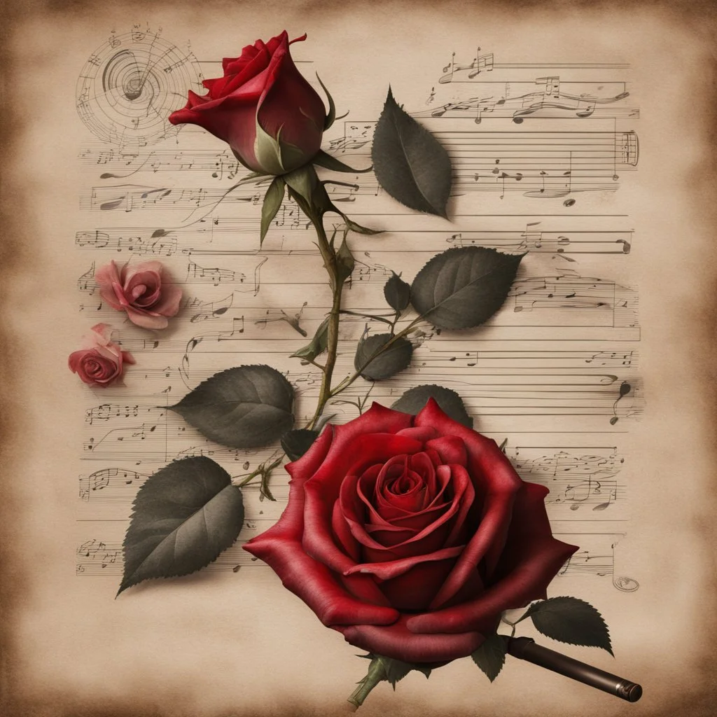 Hyper realistic red rose on a vintage paper with harmonica instrument & musical notes