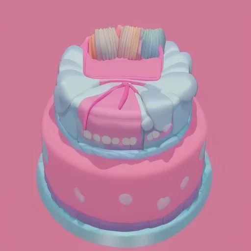 Pink birthday cake, 3 tier, extraordinary, 3d render, soft pastel color, cute