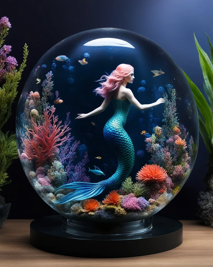 an beautiful mermaid swimming in glass ball aquarium on a display,glass flowers, high quality product image ,coral reef, flora and fauna, cosmic nebula, dark background christian dior style, with frozen flowers around her, stunning-design, beutifull, side profile artwork, glass paint, multicoloured, displayed, backlight