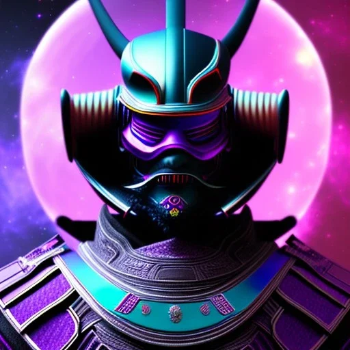 samurai purple masked villain in galaxy, teal and purple smoke, detailed, realistic, 4k