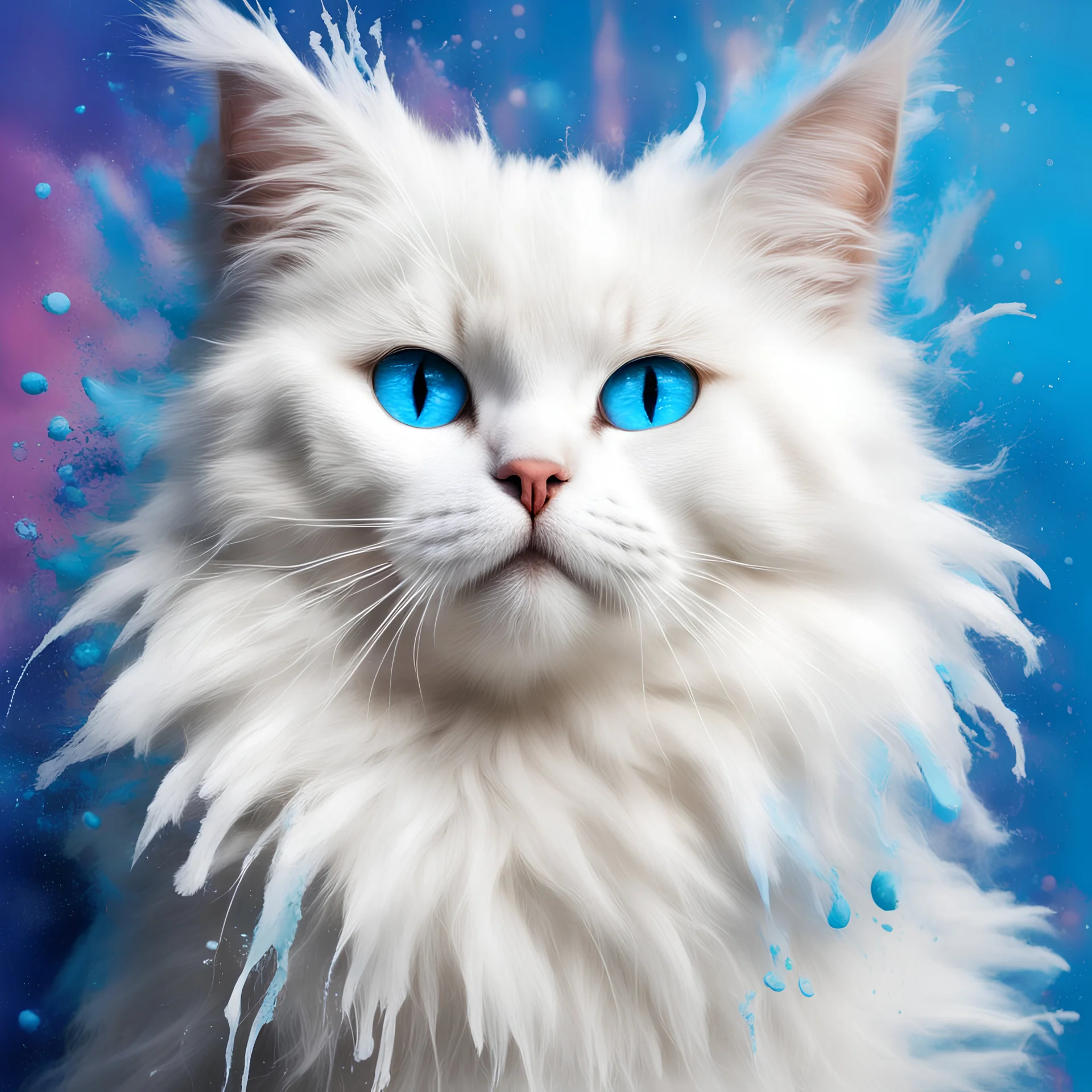 make a image with a splash cat, white long fur, splash paint in different colors two very blue eyes, splash fur splash all over the background