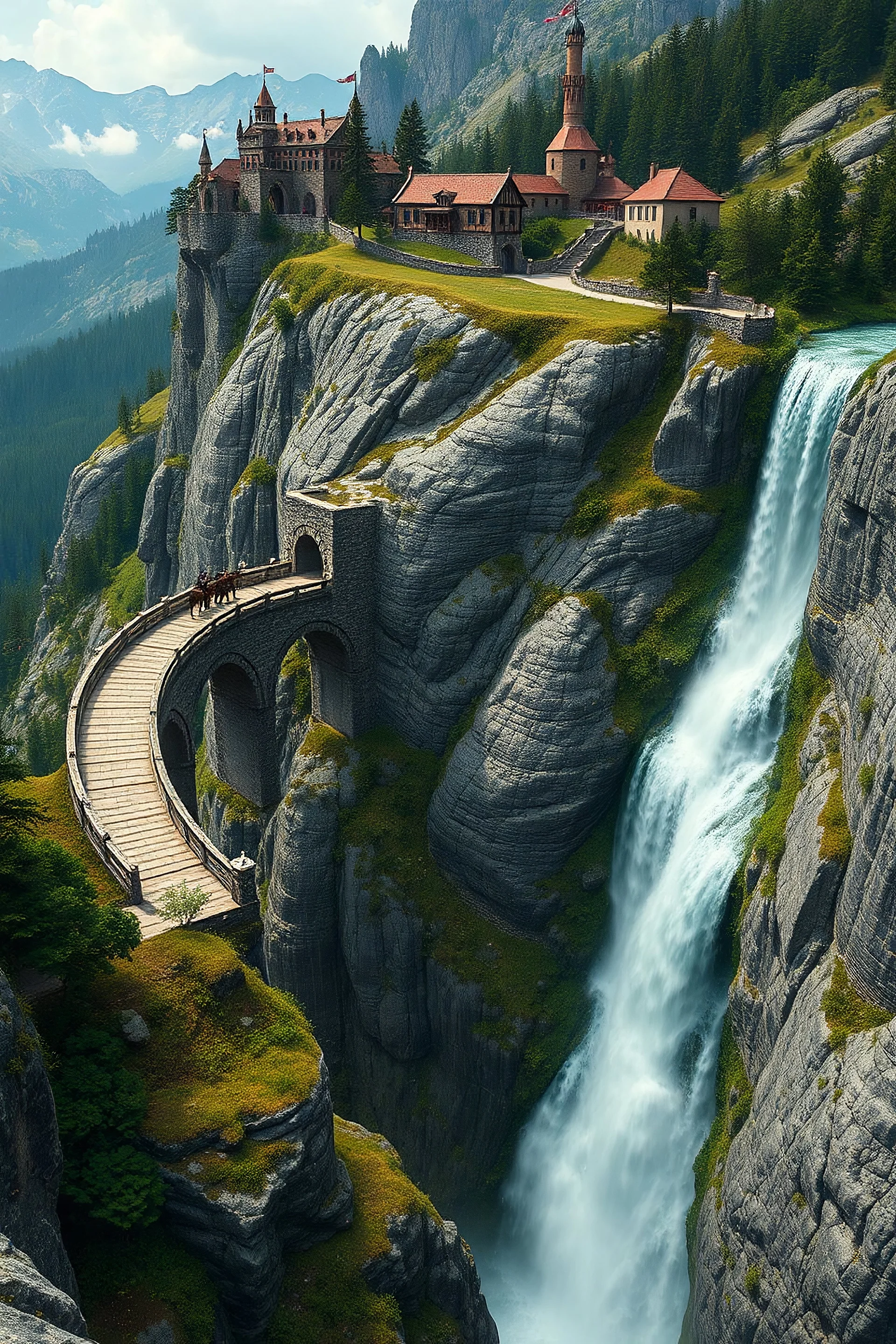 In a fantasy world, there is a stone bridge that descends down a waterfall by following a helix pattern down and around the waterfall. This bridge is wide enough for 2 horse-drawn carriages to travel side-by-side, and is the only way to get from the bottom to the top of this cliff. The surrounding landscape is mountainous and forested. A small trading city is at the top of this bridge.
