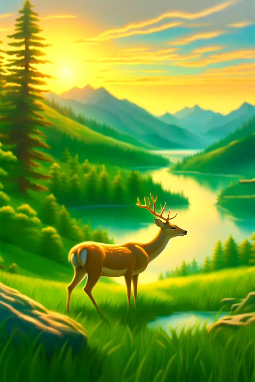 the foreground, a deer on a forest hillside overlooking a lake. Bathed in sunshine, with a lush green meadow, a winding river, and a towering mountain range in the distance. Warm sundown glow, golden hour. Ultra-detailed, with every blade of grass and every leaf rendered in perfect clarity. The colors are vibrant and saturated, with a dreamy, ethereal quality. Stained glass effect. Modifiers: photorealistic award winning cinematic postprocessing watercolor Ink drawing Steve Hanks Nicoletta Cecc