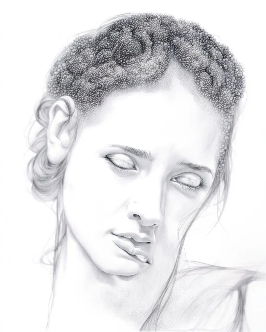 dibujo en grafito realista de rostro mujer 35 años pelo negro atado cola de caballo ojos abiertos de frente picado rasgos definidos boca levemente abierta labios definidos iluminacion desde arriba de tres cuartos perfil