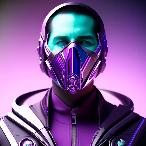 futuristic purple masked villain in galaxy, teal and purple smoke, detailed, realistic, 4k