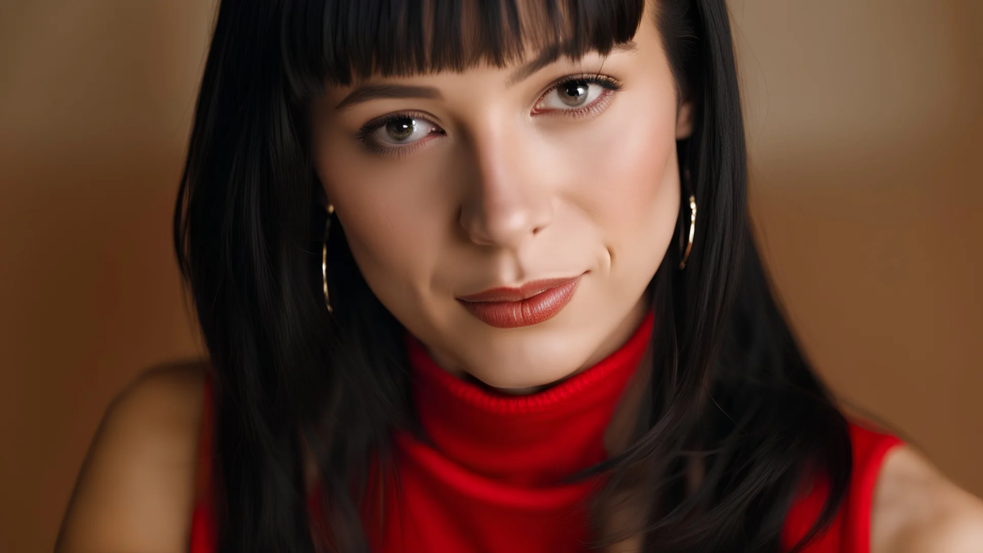 Beautiful caucasian 19 year old girl with shiny black hair. She is wearing a red sleeveless turtleneck. She is smiling shyly at the viewer.