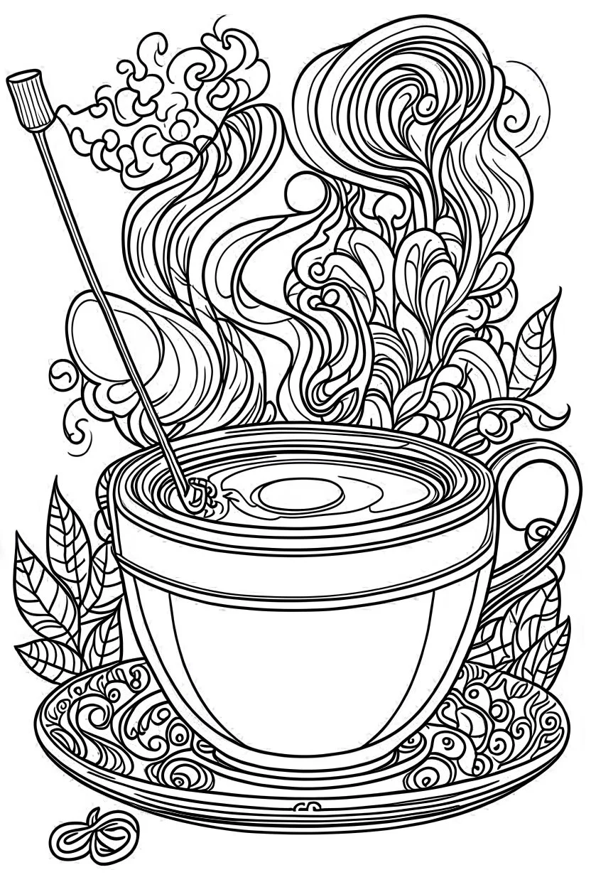 Outline art for coloring page, A JOINT WITH WHISPS OF SMOKE NEXT TO A JAPANESE CHAWAN TEACUP, coloring page, white background, Sketch style, only use outline, clean line art, white background, no shadows, no shading, no color, clear