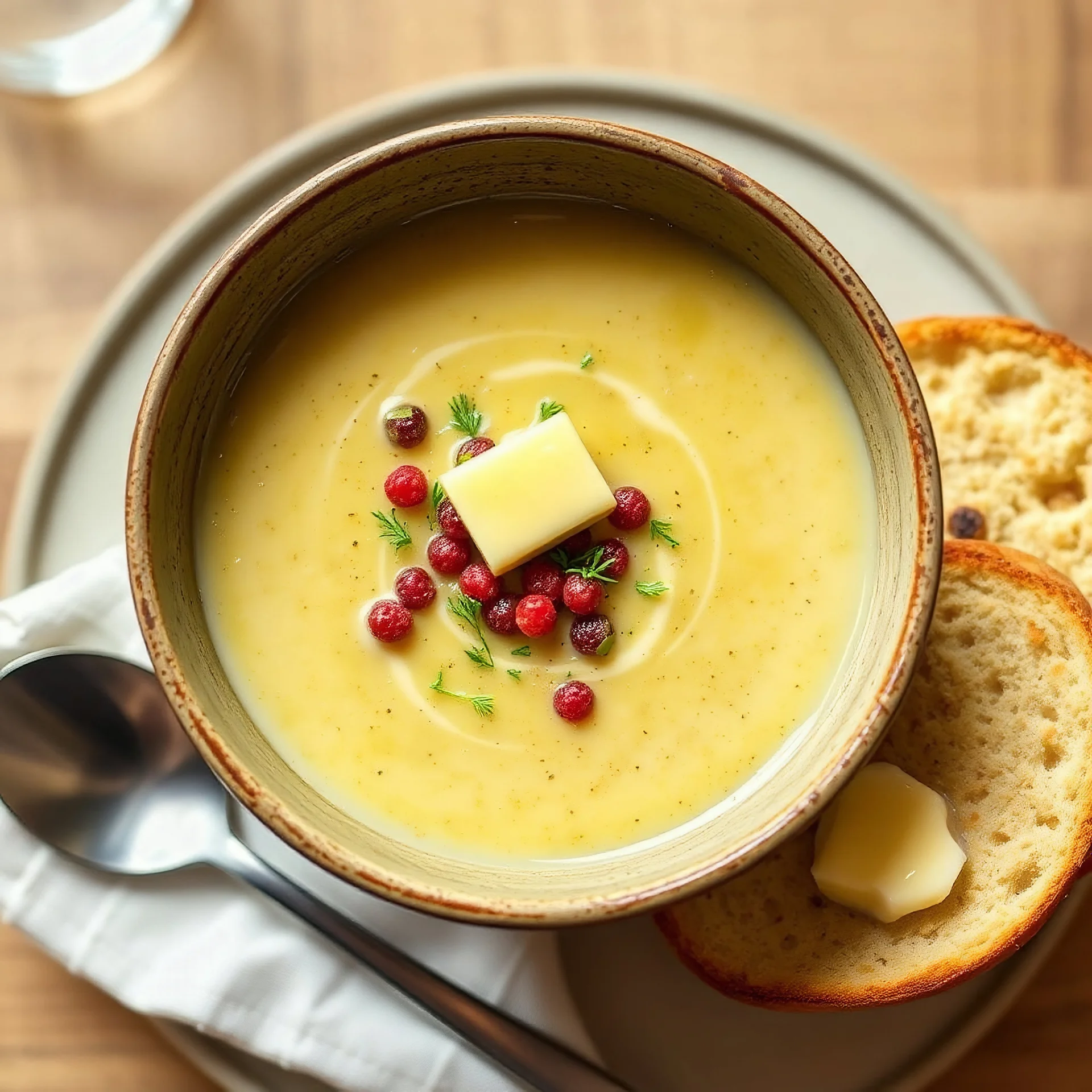 A full-view image of Ärtsoppa in a ceramic bowl with a side of crispbread topped with butter 🧈.