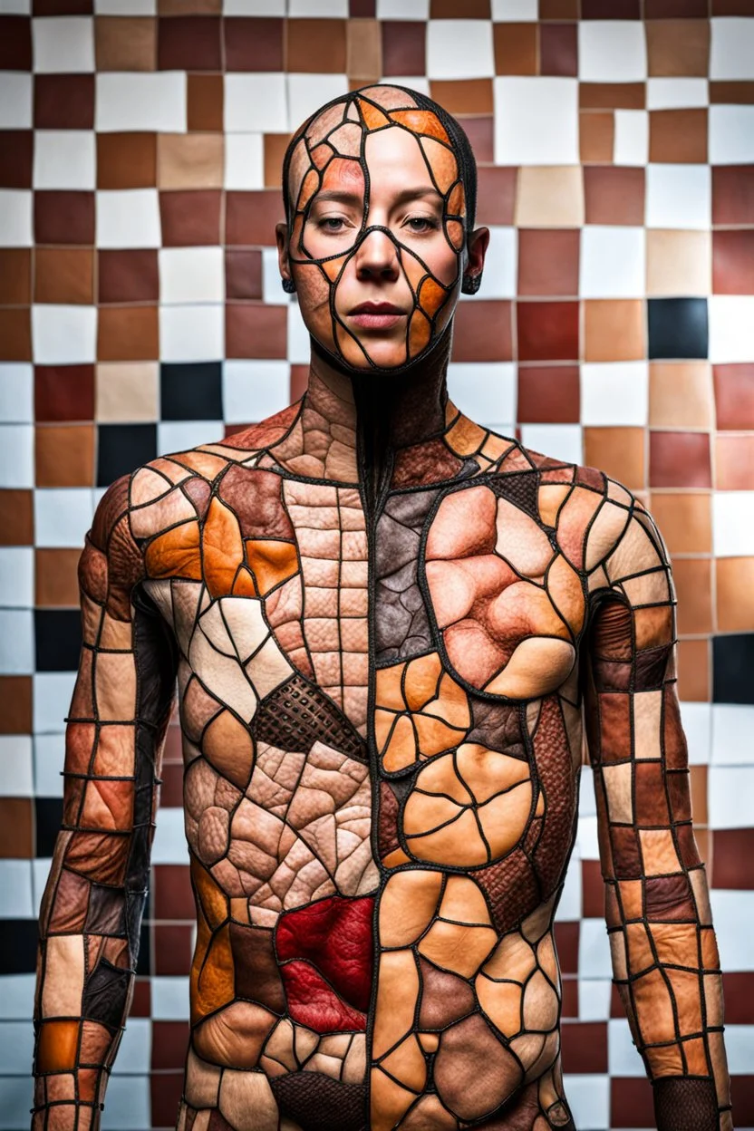 a human body patchwork sewn of human skin. horror setting.