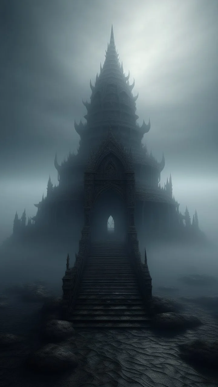 surrealism of the dark temple of a nightmare ten miles high and six foot deep, hyper photorealistic, 3D, hyper detailed dark art color, high resolution, fog, octane render, tilt shift, HDRI Environment