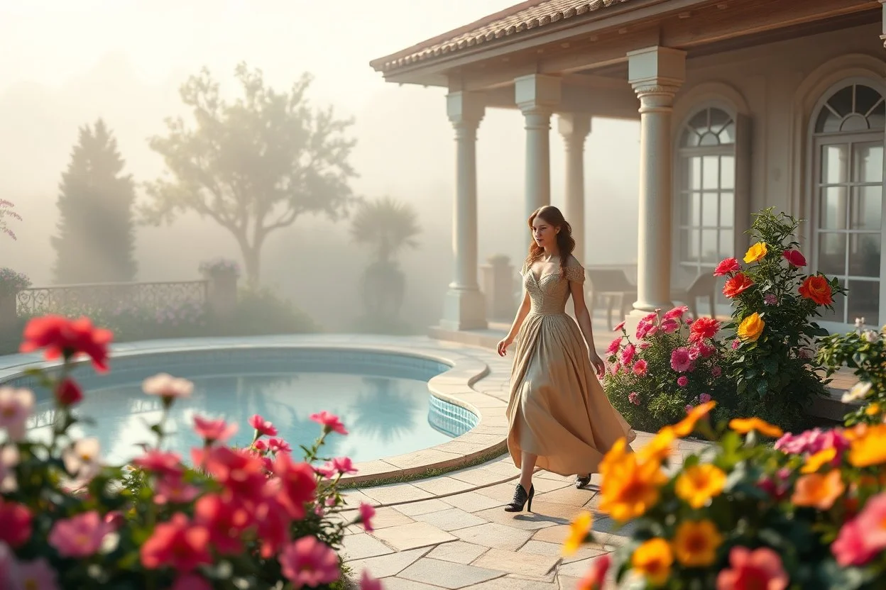 all scene is made of small colored cubes:a luxury villa yard with pool in center and pretty plants trees flowers, morning mist, lost paradise atmosphere,a pretty model lady in victorian clothing walking in villa yard in flowers .every thing and lady is made of small colored cubes as a puzzle