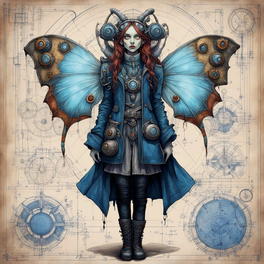 Jean-Baptiste Monge style hand drawn technical,full body portrait illustration , with detailed blueprints and engineering schematics of a walking hybrid Atlas moth insect goth girl, with highly detailed facial features with multi cellular eyes, drawings, and technical notation, 8k, vibrant natural colors, whimsical fantasy