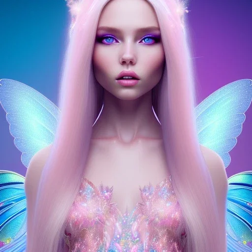  beautiful, soft, whide smile face, long blonde straight hair, blue eyes, fairy wings on the back, transparent crystal blue and pink clothes, background blue and pink, big definition, 8K