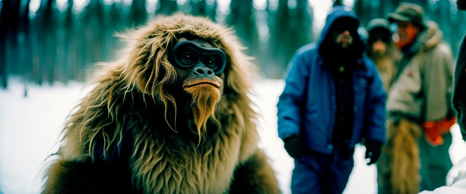 close up documentary photography, Baby Yeti, young curious Bigfoot, scientist, Dystopian, Hyper detailed, realistic fur, Japanese, Extreme depth of field, bokeh blur, winter, blizzard, Alberta, all-natural, in the style of candid,Captured on lustrous Kodak Vision3 Color Negative Film 500T 5219, 1990s, --ar 4:5 --w 150 --style raw