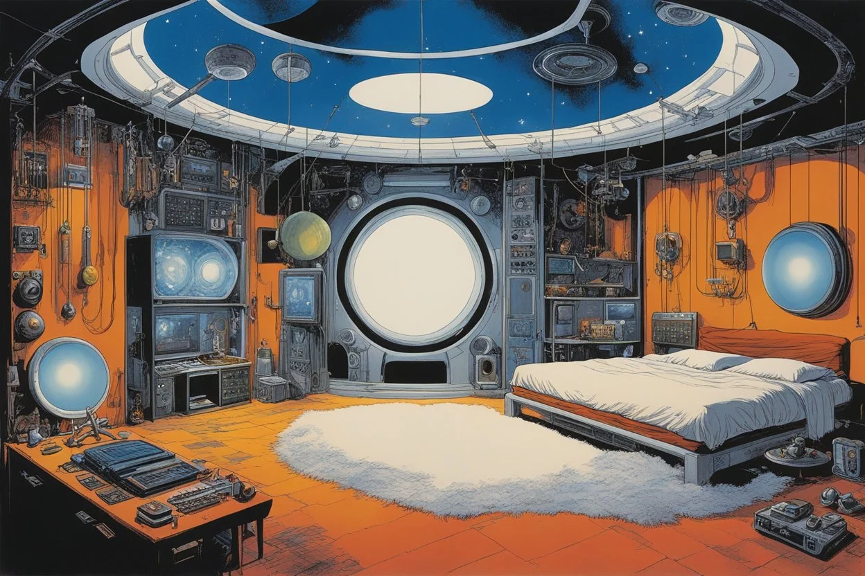 [art by Russ Meyer and Milo Manara] a secluded chamber, a sanctuary of explorations. The room is adorned with an array of futuristic devices, each designed to awaken and satisfy the dreams of those who dare to enter. surrounded by an assortment of probes, arms, extensions, pinacles, and slime. a large bed in the center, with pillows and soft sheets in cotton