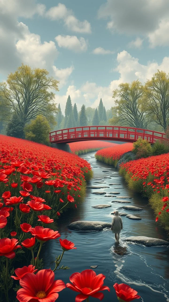 Bosch painting style nightmare , 3D , a big fields of red flowers, and a red bridge on the river stream , trees in the background, high Quality picture , 8k