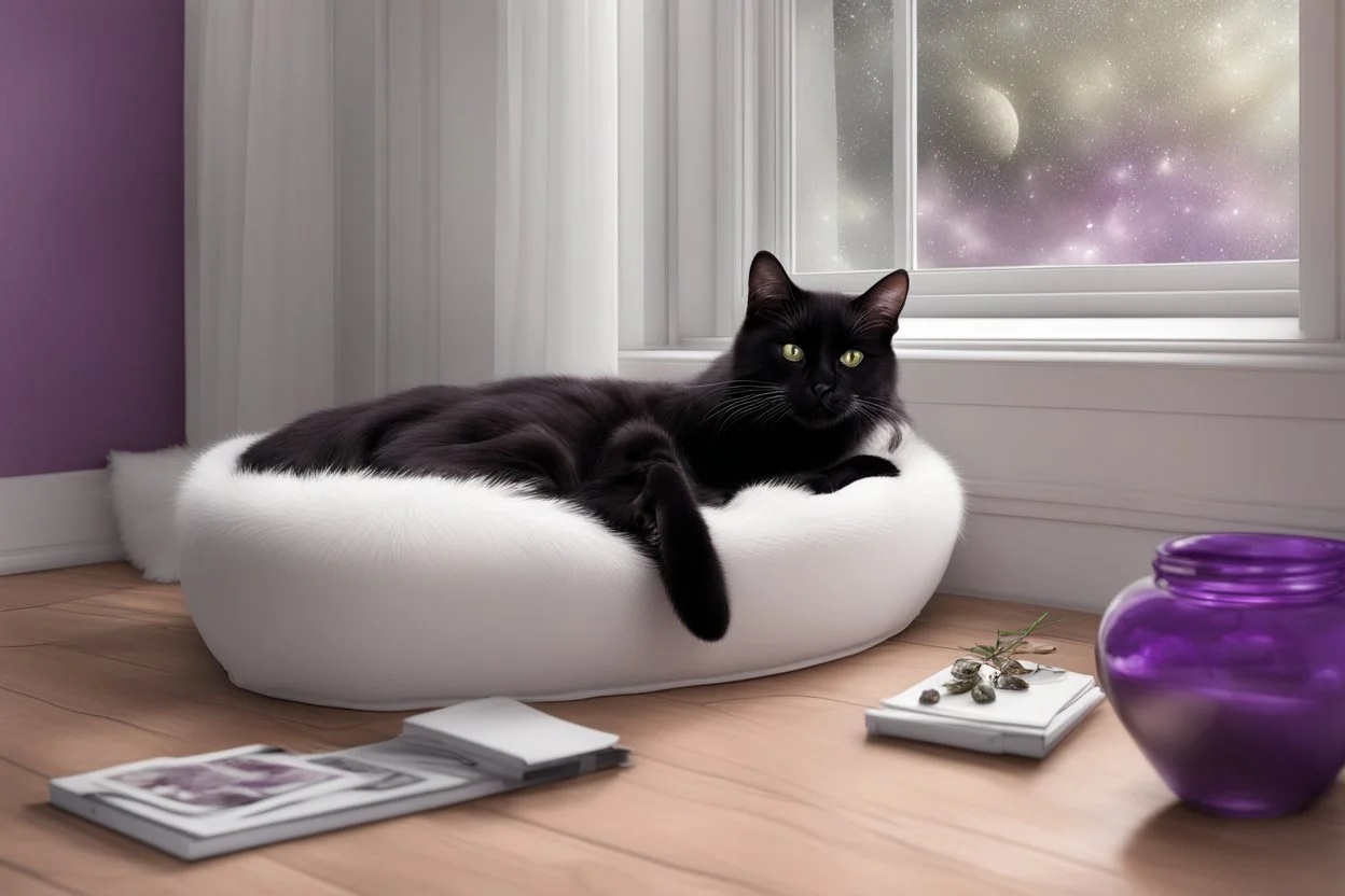 photo from An (black-purple cat) napping in a silver-white moonlights in windows, hyper-realistic, detailed, hypermaximalist, octane render, high textures, ultra realism, photorealistic, perfect symmetry, stunning