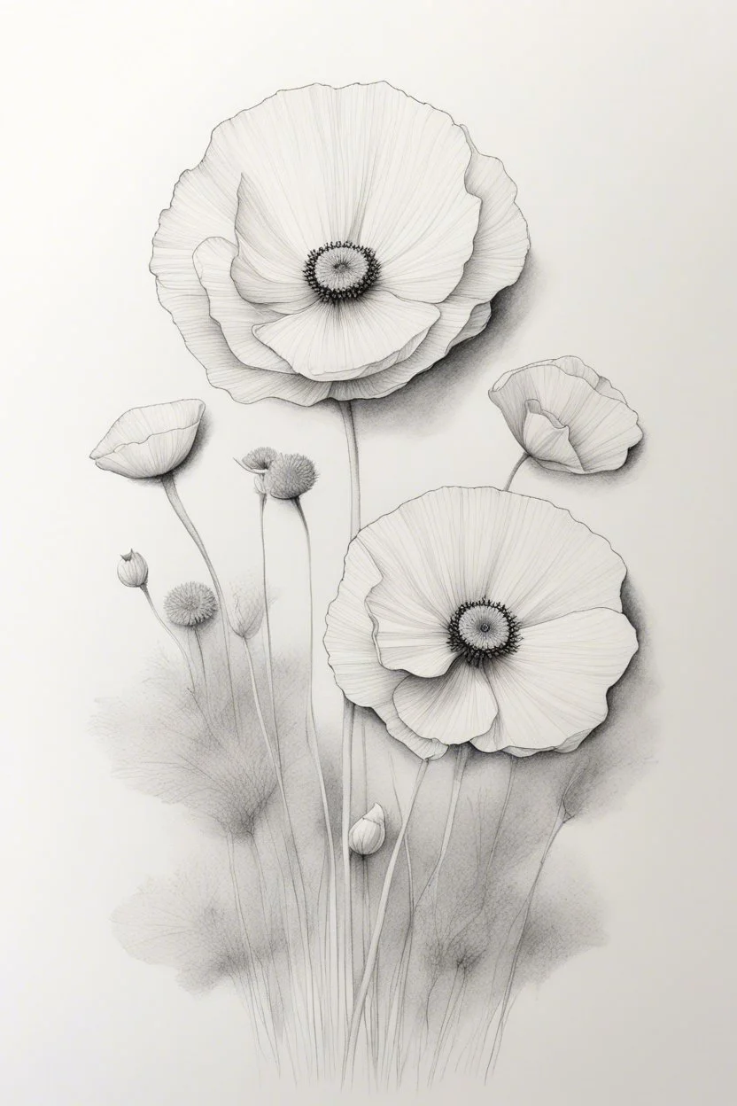 A white butterfly Minimalist white ink pencil and white drawing of white poppies in a white background