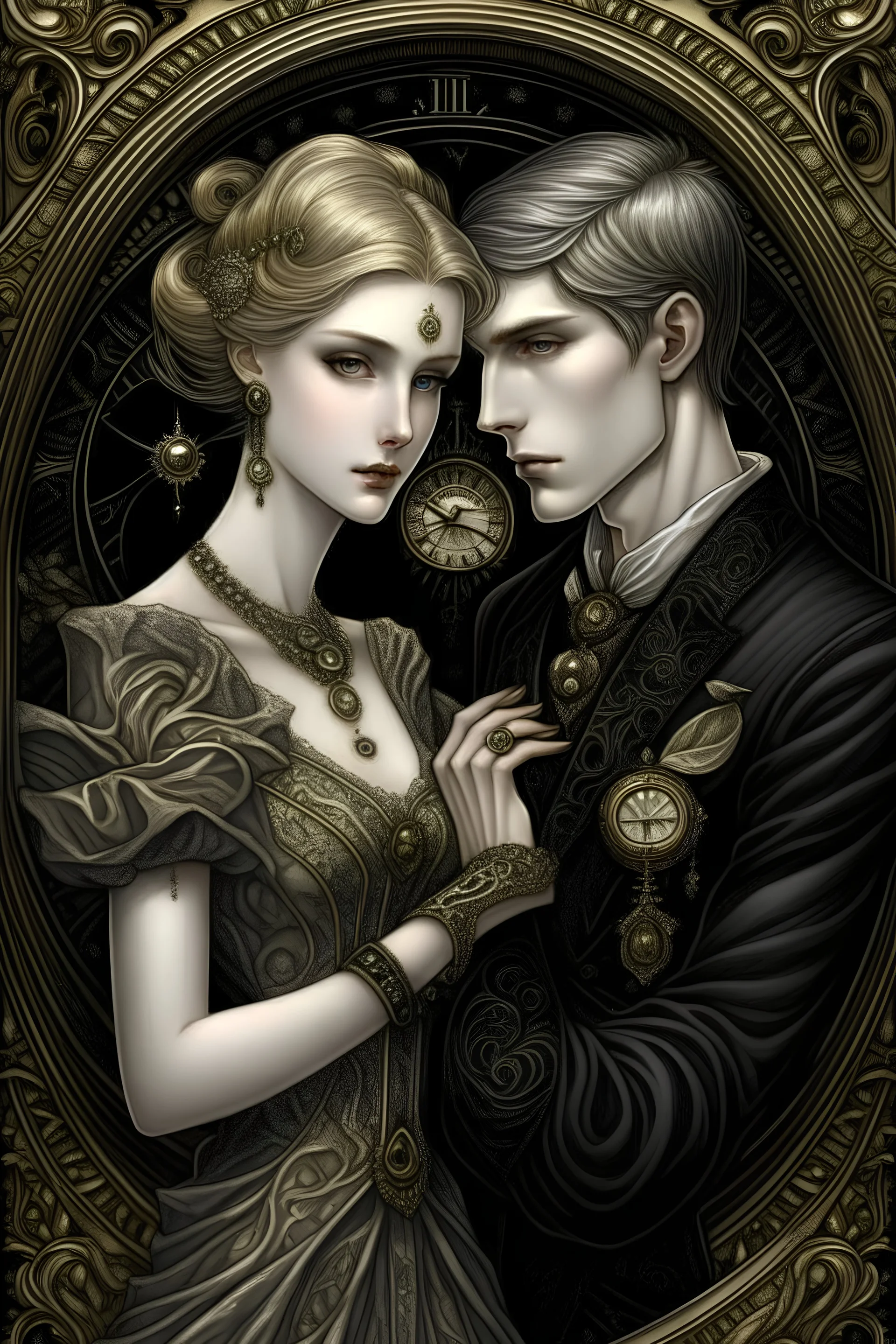 Beautiful charming gothic couple, by Valent10179, art deco masterpiece, timeless crystal elegance, filigree detail, tiny thin gold lines on rough stone background, detailed eyes, uhr, ultra highly detailed