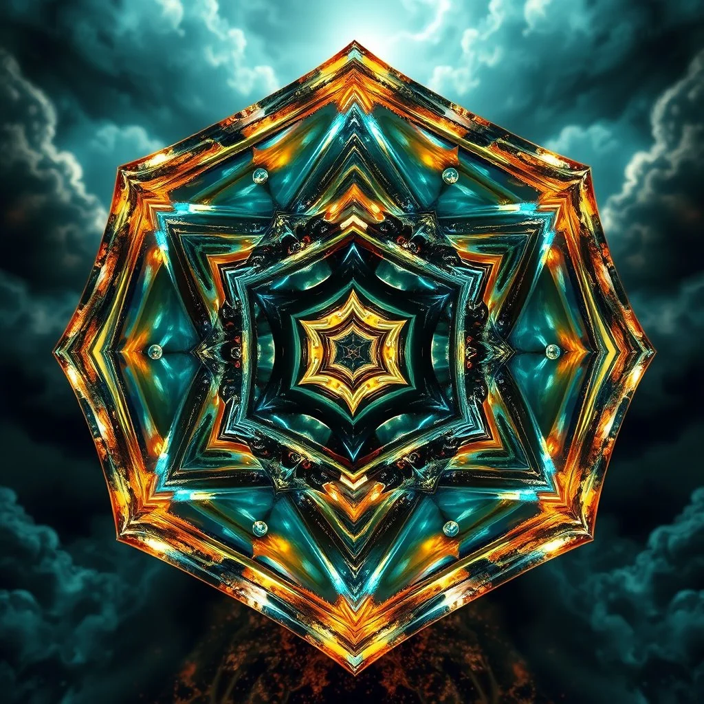 Dynamic hypnotic fractal 3D Pyramids pentagonal Symmetry and morphing between organic and geometric forms , smooth translucent iridescent glass with inner glow and bubbles, varied transparent materials, stormy skies, intense dramatic