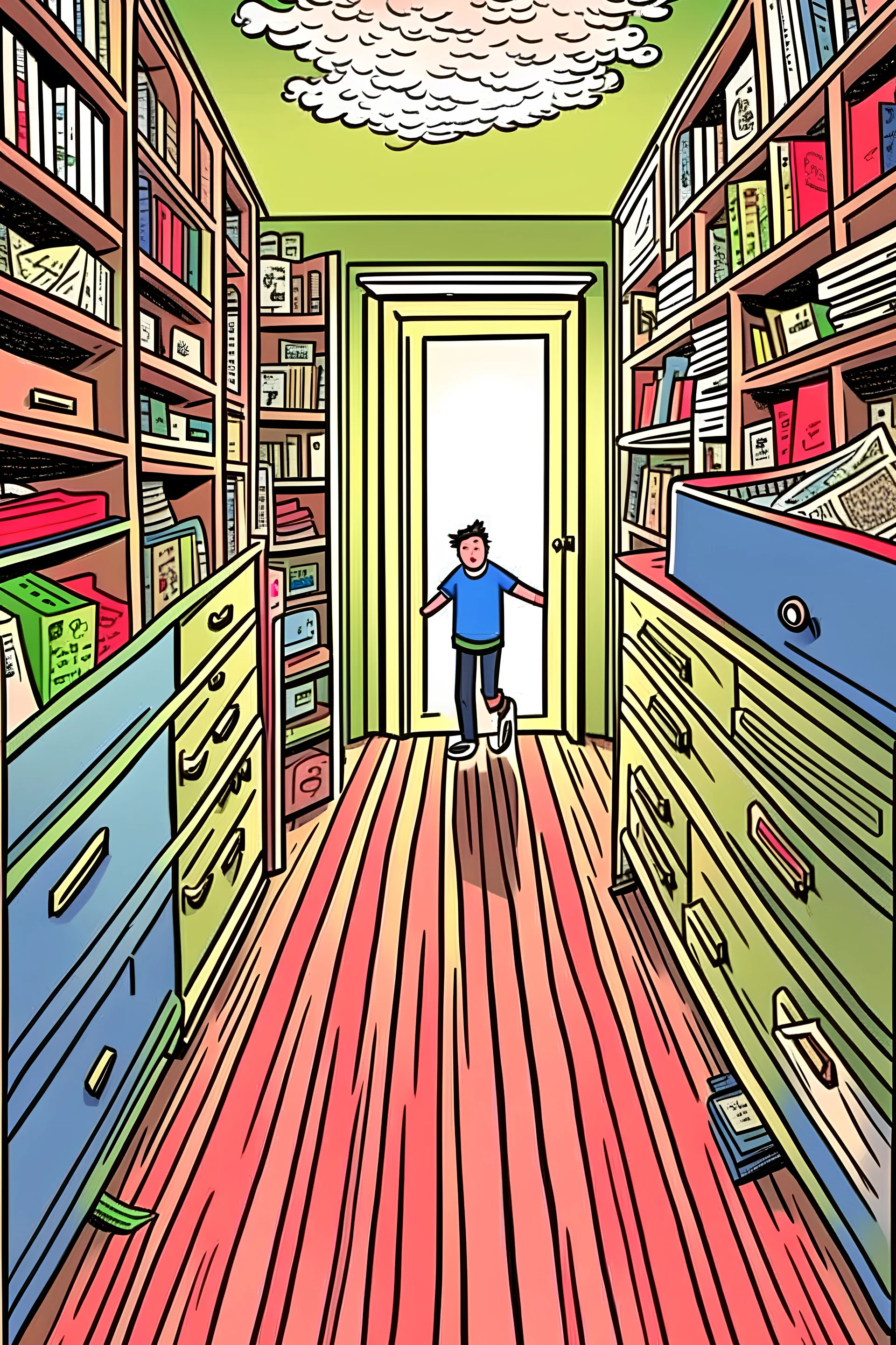 zoomed out view of a friendly running behind drawers, bedroom, surreal, comic style