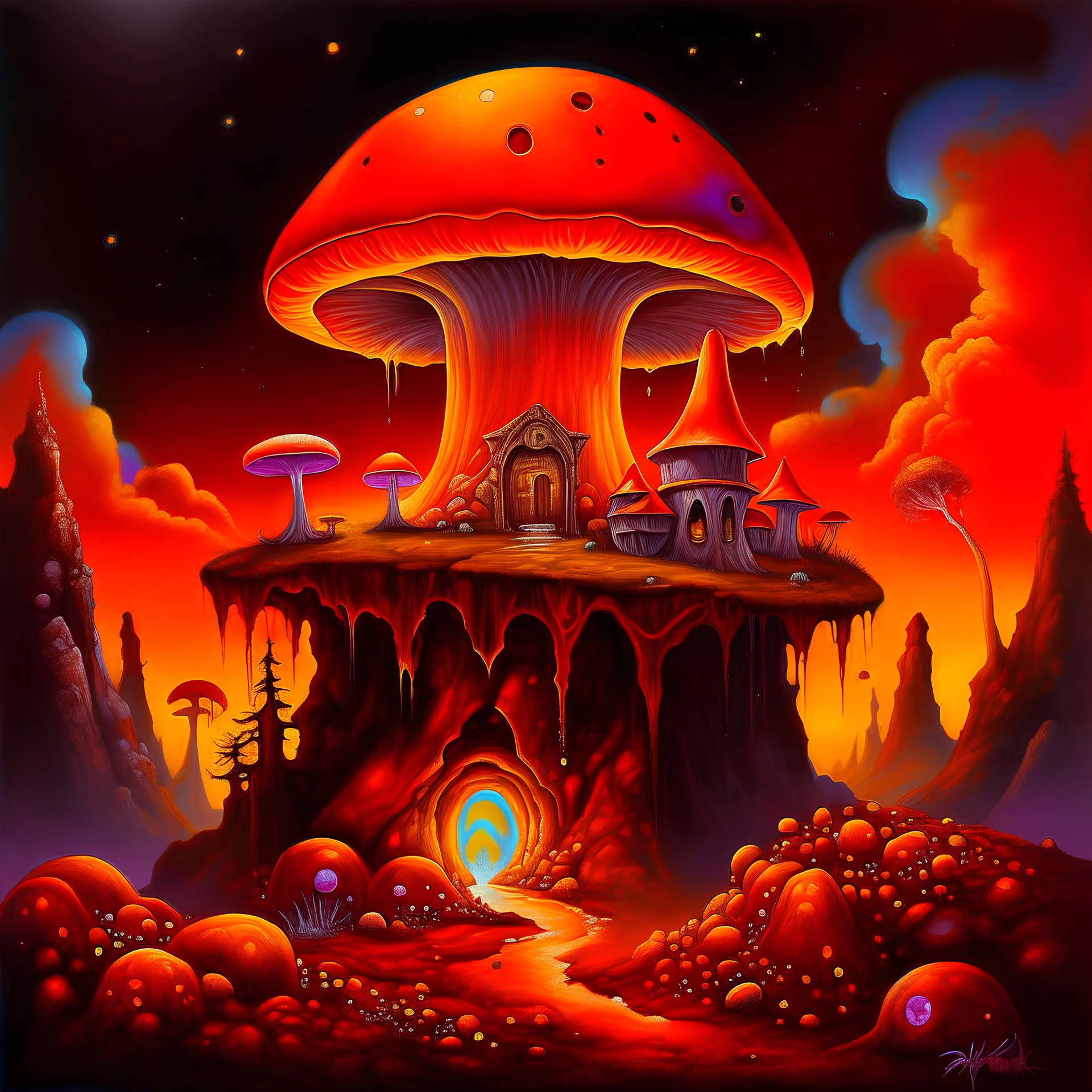 A fantabulous orange (((mushroom castle))) perched atop a (geologic pillar), surrounded by the existential reality of an unimaginable (((empty void))), offset by the vibrant hues of a (neon-tinged empirical space scape), within. captured by the hand a skilled master painter with a focus on (softly blurred compositions and voluminous lighting).detailed matte painting, deep color, fantastical, intricate detail, splash screen, complementary colors, fantasy concept art, 8k resolution trending on