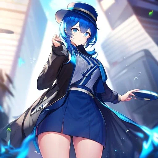 Clear focus,High resolution, Vibrant short blue hair, Vibrant blue eyes, Wearing a short skirt, Wearing a jacket, Wearing a hat