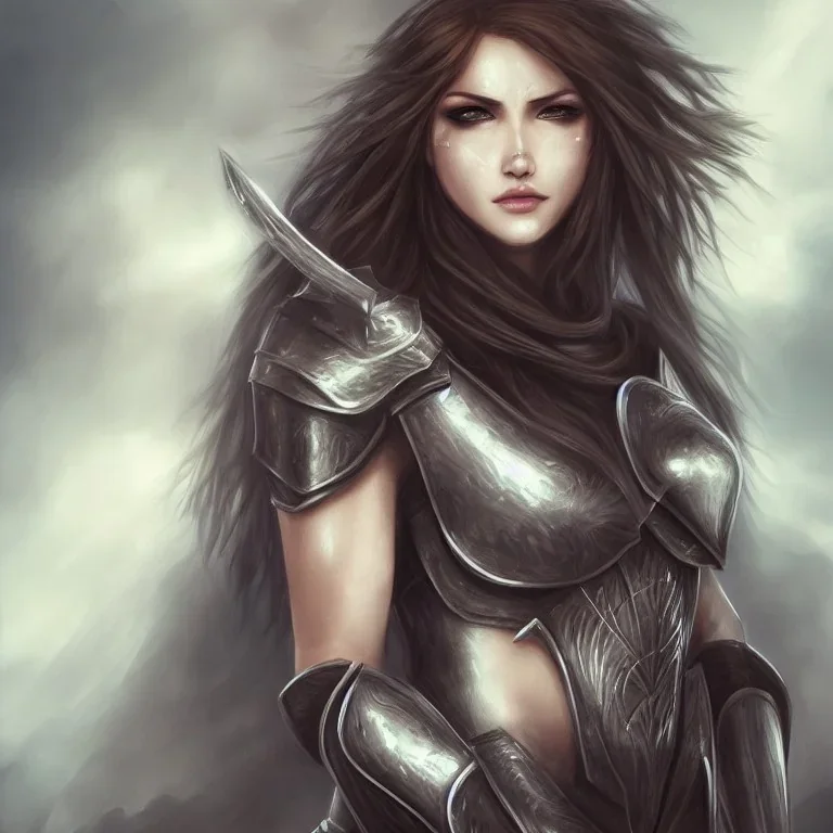 fantasy art, female, attractive, 8k, full body, leather armors, greatsword, silver shoulder length hair, vibrant silver eyes, slight scar on cheek, details,texture