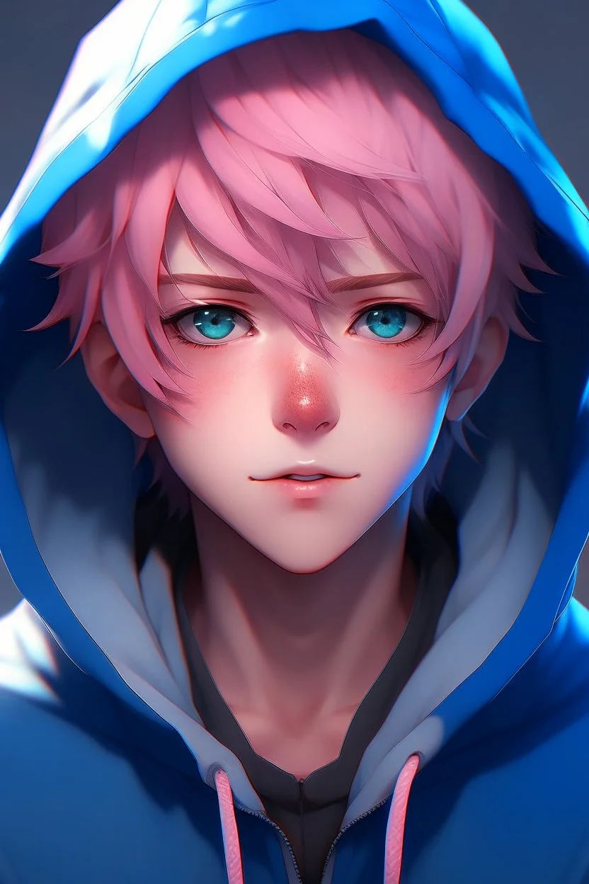 An anime man with messy short pink hair and narrow blue eyes wearing a hooded jacket Realistic.