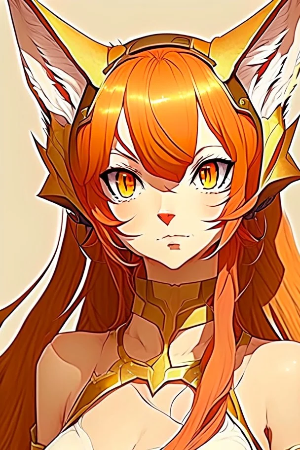 An anime adult female with red hair and gold eyes, fox ears